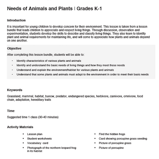 Needs of Plants and Animals - Leopard Frogs and Porcupine Grass