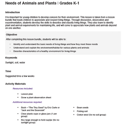 Needs of Plants and Animals - Grow a Plant